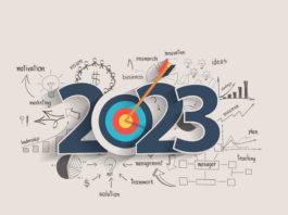 small business trends 2023 2023 new year target audience concept, Creative thinking drawing charts and graphs business success strategy plan idea on target dart with arrow, Vector illustration modern layout template