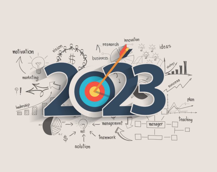 small business trends 2023 2023 new year target audience concept, Creative thinking drawing charts and graphs business success strategy plan idea on target dart with arrow, Vector illustration modern layout template